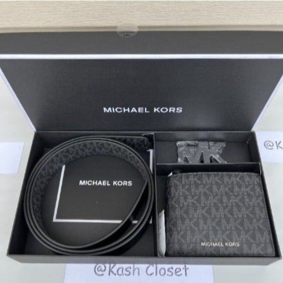 Michael Kors Mens Belt & Wallet Gift Set MK Signature Black - Picture 2 of 10